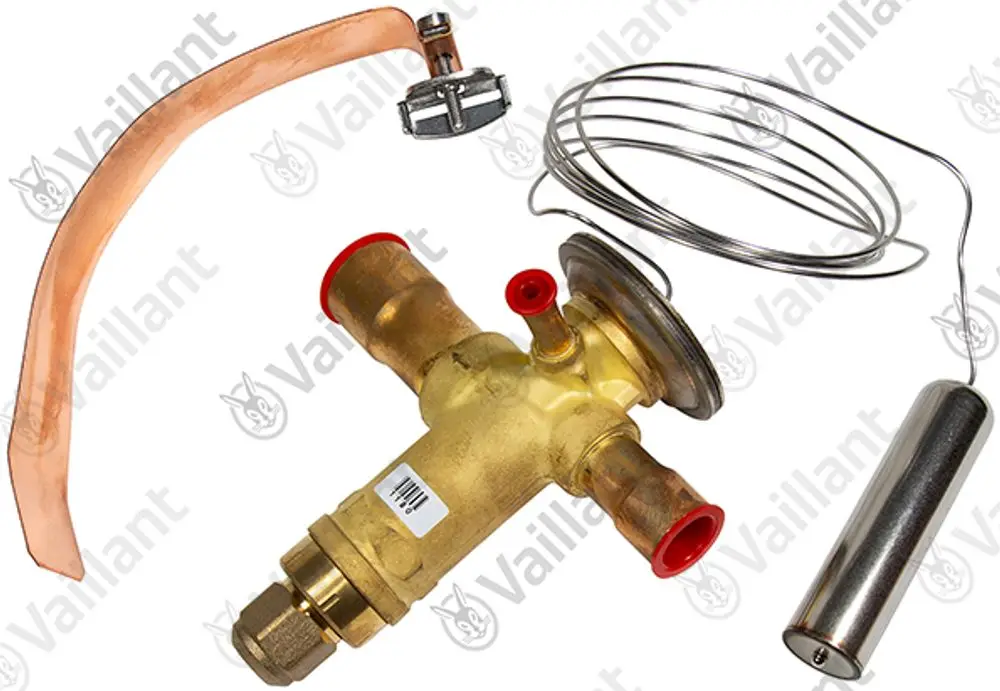Vaillant Expansionsventil, bestehend aus einem Hauptkörper mit Anschlussstücken, einer Kupferleitung, einem Thermofühler und einer Feder.
